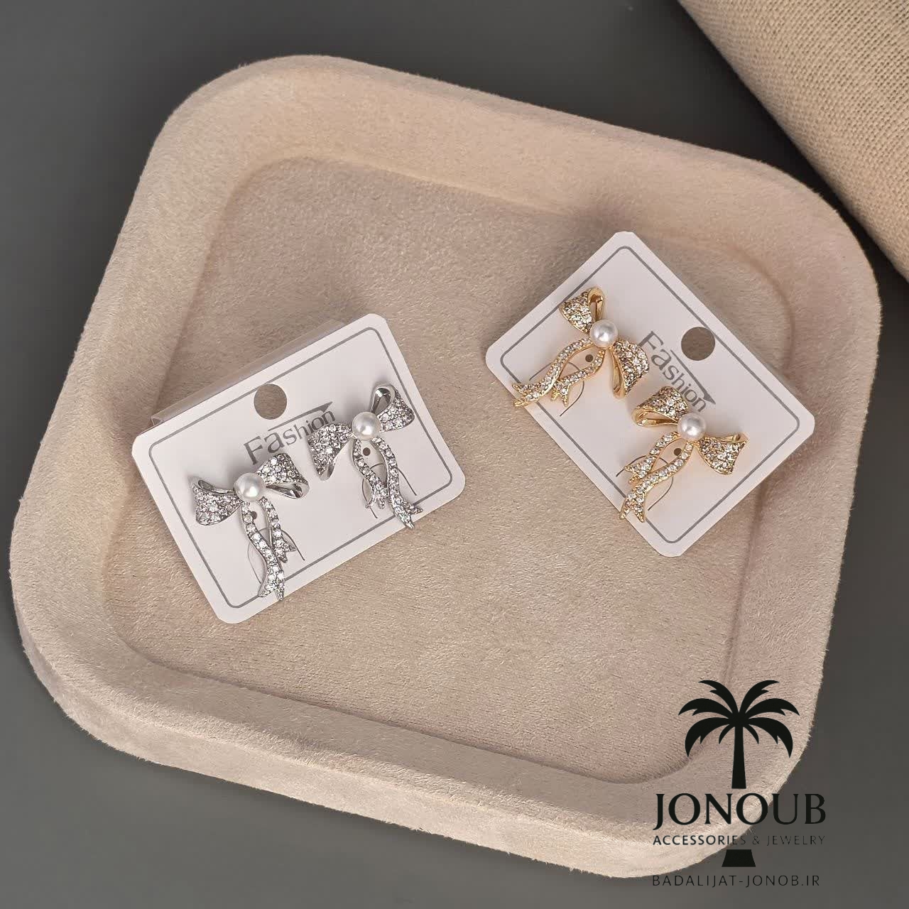 گوشواره زنانه پایه نقره پاپیون  مرواریدی